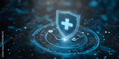 Glowing medical shield and stethoscope in digital cyber interface
