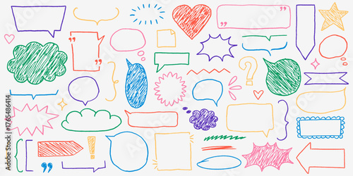 Playful kids color borders with doodled charm. Bright frames and cute naive shapes. Text box chalkboard style for happy messages