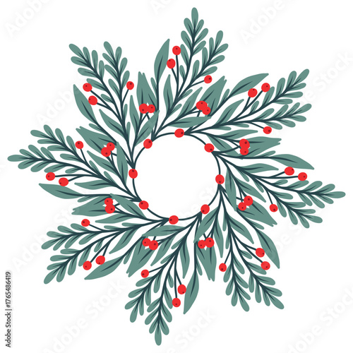 Christmas round frame with holly berries and mistletoe. Xmas and happy new year postcard. Vector illustration, holiday invitation.