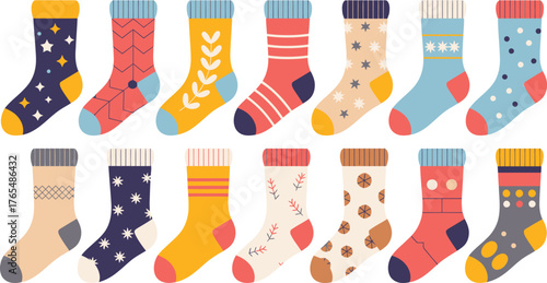 Colorful Assortment of Cartoon Socks with Various Patterns, Styles, and Designs Displayed Together