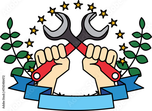 logotype of two hands holding a wrench