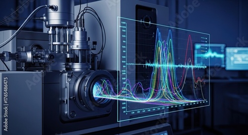 Advanced scientific instrument performing spectral analysis with digital data visualization.