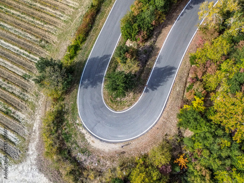 vista aerea di tornante, curva a gomito nel bosco