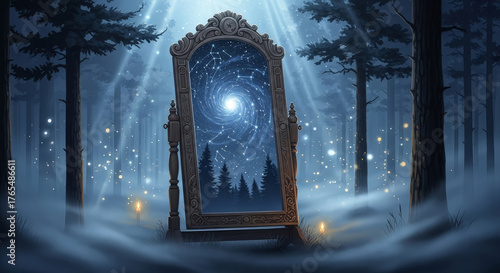Enchanted forest scene with a glowing mirror reflecting a swirling galaxy sky