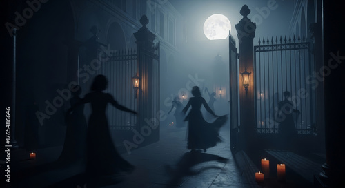 Shadowy dance scene with silhouettes under full moon and candlelight
