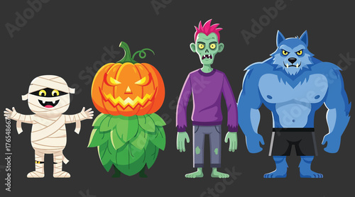 Vector art of cartoon halloween characters featuring a mummy, pumpkin, zombie, and werewolf on a dark background perfect for halloweenthemed designs, illustrations, and decorations