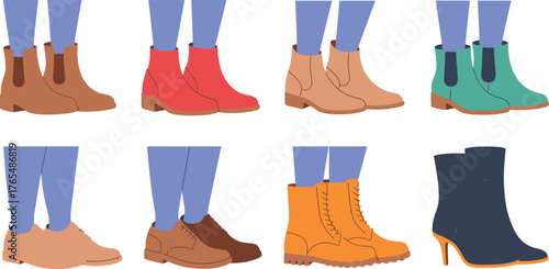 Array of Stylish Cartoon Shoes Boots, Loafers, Heels, Colorful Footwear Selection