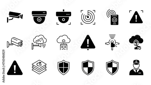 Security and Surveillance Icons Cameras, Shields, Alerts, and Data Protection