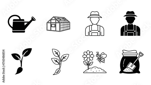 Diverse Gardening and Farming Icon Set Essential Tools, Growing Plants, and Cultivation Symbols for Agricultural Projects