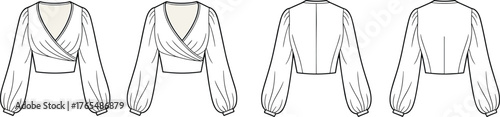 Fashion technical flat sketch of wrap blouse top with long puff sleeves, v-neck, crop fit, vector clothing design template