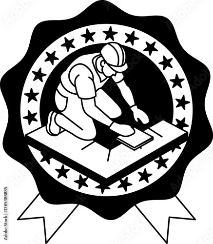 black and white logotype icon of a The tiler is laying tiles