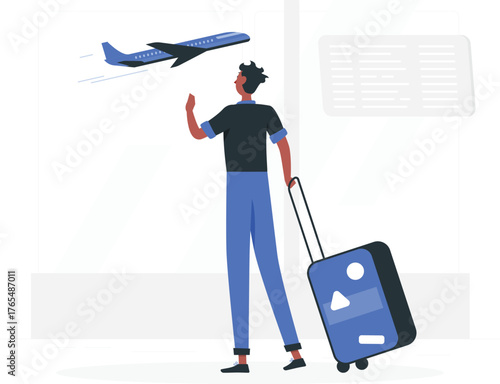Man Waving Goodbye to Airplane at Airport with Suitcase and Flight Board travel