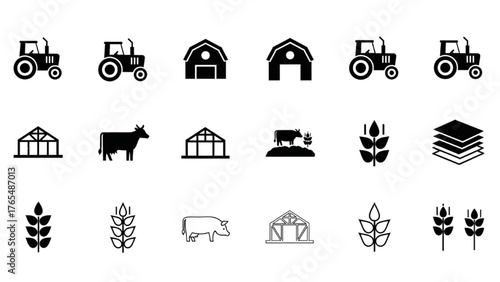 Comprehensive Vector Icon Collection for Agriculture and Farming Concepts Tractors, Barns, Livestock, and Crops Represented in Simple Glyph Design
