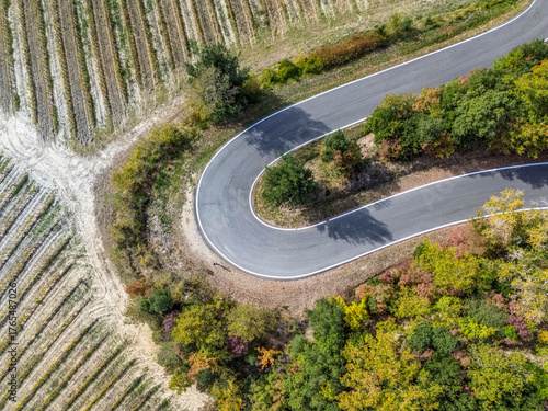 a volo d'uccello su tornante tra foreste e vigne in toscana