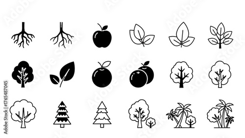 Set of Tree Icons, Foliage, Fruit, Root System Outlines