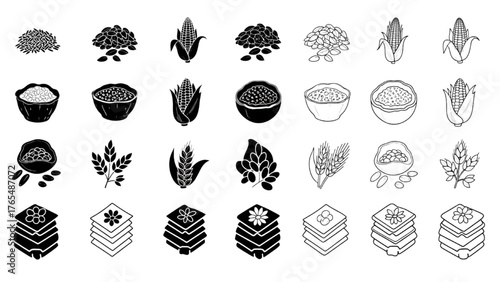 Black and White Food Illustrations Various Grains, Kernels, and Culinary Ingredients