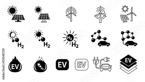 Renewable energy and electric vehicle icons representing sustainability and green technology
