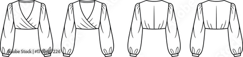 Fashion blouse technical flat sketch, women’s wrap top design, long sleeve crop top CAD drawing, vector fashion illustration, garment design template