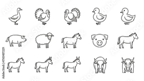 A collection of farm animal line art icons featuring a pig, horse, and poultry