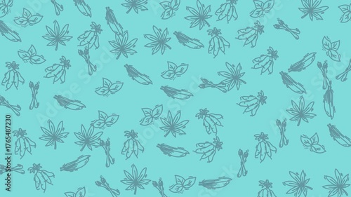 Doodle floral teal background with handdrawn vegetable and leaf illustrations for vibrant designs suitable for invitations, posters, and print materials.