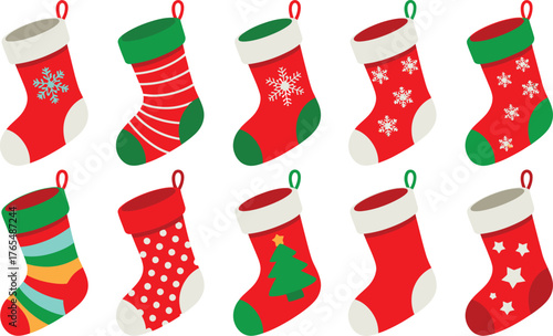 Assorted Festive Christmas Stockings Illustration with Snowflakes, Stripes, Tree, Polka Dots, and Stars