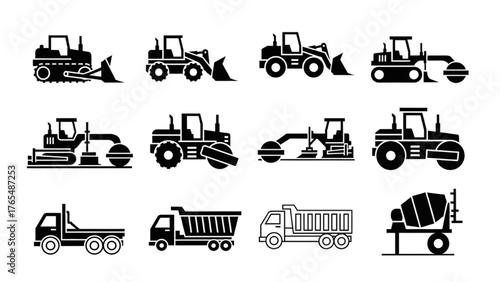 Collection of construction vehicles and equipment icons, representing heavy machinery