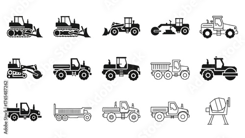 Set of construction machinery and heavy equipment vehicle icons for building and industrial work