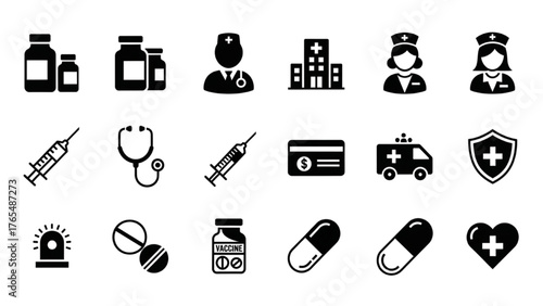 A collection of simple black glyph icons representing healthcare and medical services