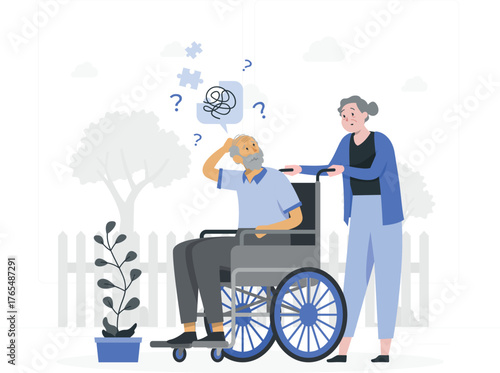 Elderly man in a wheelchair looking confused with a woman assisting him outdoors senior