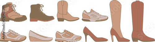 Assorted Footwear Illustration Featuring Boots, Sneakers, Flats, and Heels in Earthy Tones