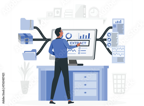 Person interacting with a computer screen showing data extraction and file organization data processing