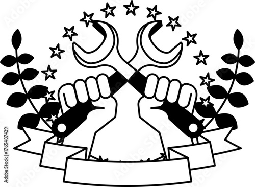 black and white logotype of two hands holding a wrench