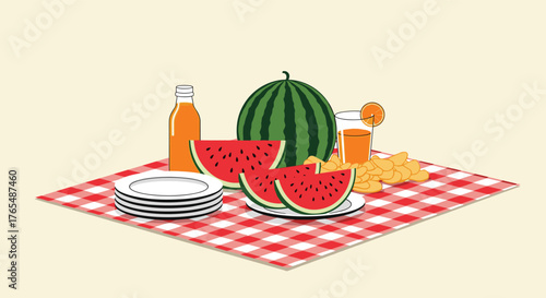 Summer Picnic with Watermelon Slices and Refreshing Orange Juice on a Red Gingham Blanket.