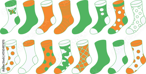 Assorted Patterned Socks Colorful Illustration of Orange, Green, and White Sock Designs