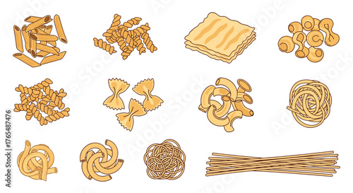 Various types of pasta including penne, farfalle, spaghetti, and lasagna noodles.