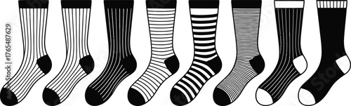 Black and White Striped and Solid Socks Lined Up in a Row Illustration
