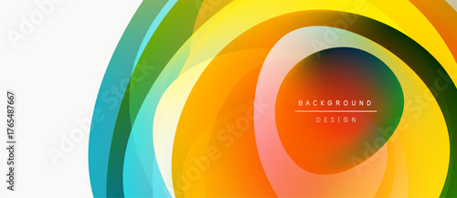 Abstract colorful layers create dynamic circular design. Gradient hues blend, forming modern visual effect. Text reads background design.