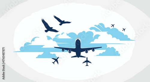 Global Travel and Aviation with Airplanes and Birds Flying.