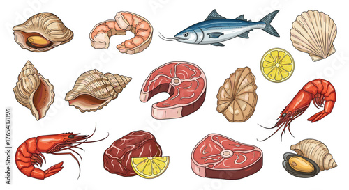 Assortment of Fresh Seafood and Meat Cuts on White Background.