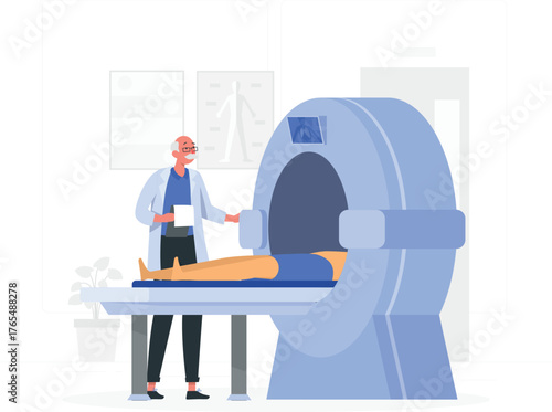 Doctor with patient in MRI scanner machine for medical imaging scan Keywords: medical, healthcare, doctor, patient, MRI, scanner, machine, radiology, diagnosis, scan, imaging, hospital, clinic