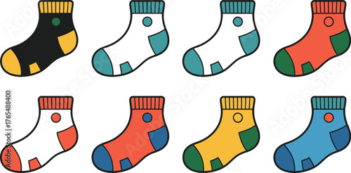 Cartoon Illustration of Eight Colorful Socks in Different Designs, with Dots and Stripes Detail