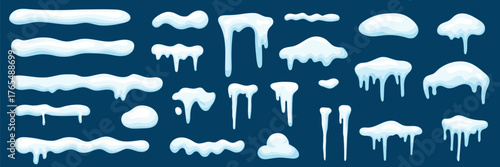 A set of snow caps, snowballs, and snowdrifts. Vector collection of snow caps. Snow elements on a winter background