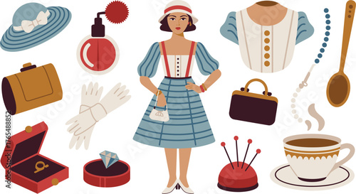 Cartoon Illustration of Woman in Vintage Dress with Accessories and Fashion Items