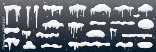 A set of snow caps, snowballs, and snowdrifts. Vector collection of snow caps. Snow elements on a winter background