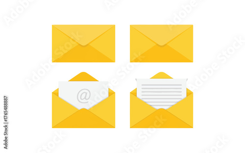 Four Yellow Envelopes With Open and Closed Variations Showing Paper Content mail email