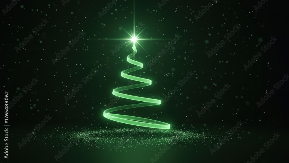 Obraz premium A glowing emerald to lime green spiral Christmas tree with radiant starburst and sparkles on a deep green festive Christmas, New Year background