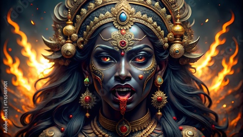 Intense portrait of hindu goddess kali depicting fierce divine power and transformation