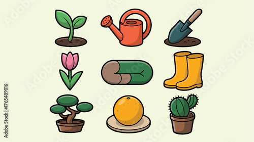 Garden Icons Featuring Sprout Watering Can Shovel Tulip Boots Bonsai Orange and Cactus gardening seedling