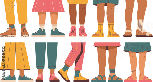 Cartoon Legs in Various Outfits Shoes, Socks, Trousers, Skirts, and Sandals Fashion