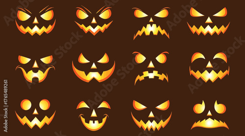 Vector art of collection of twelve scary pumpkin faces with glowing eyes and mouths on a dark brown background, perfect for halloween decorations, invitations, and spooky designs